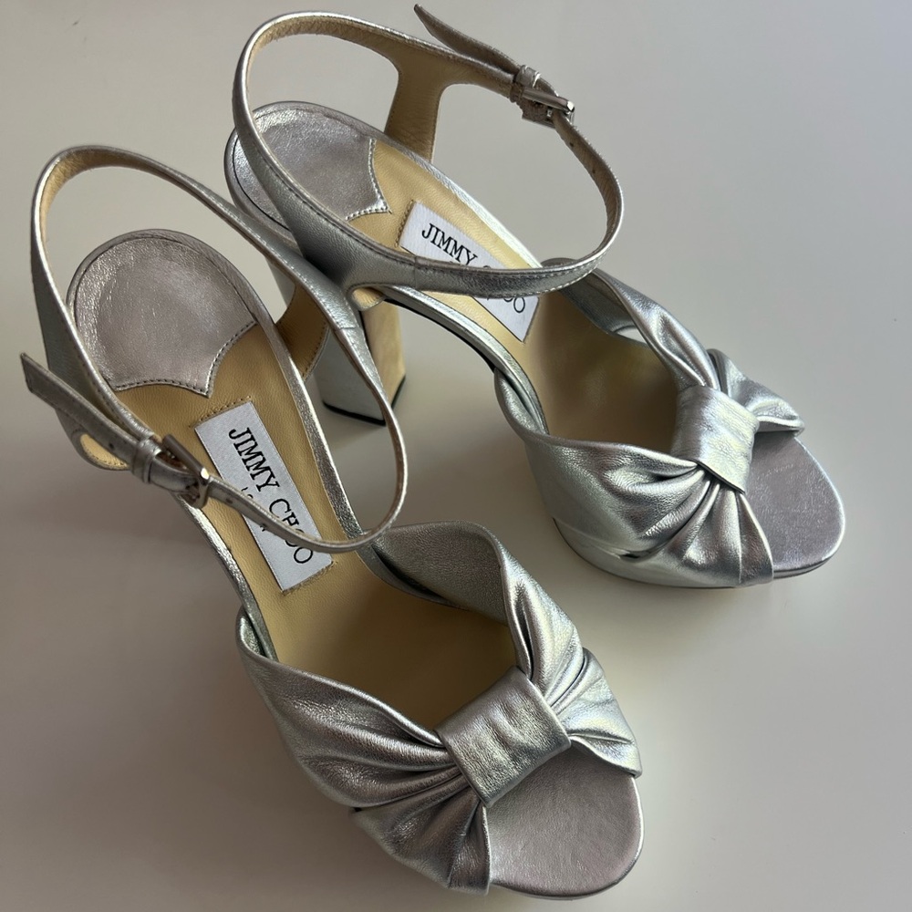 Jimmy Choo Heloise 120 Silver Metallic Nappa Leather Platform Sandals Size 39.5